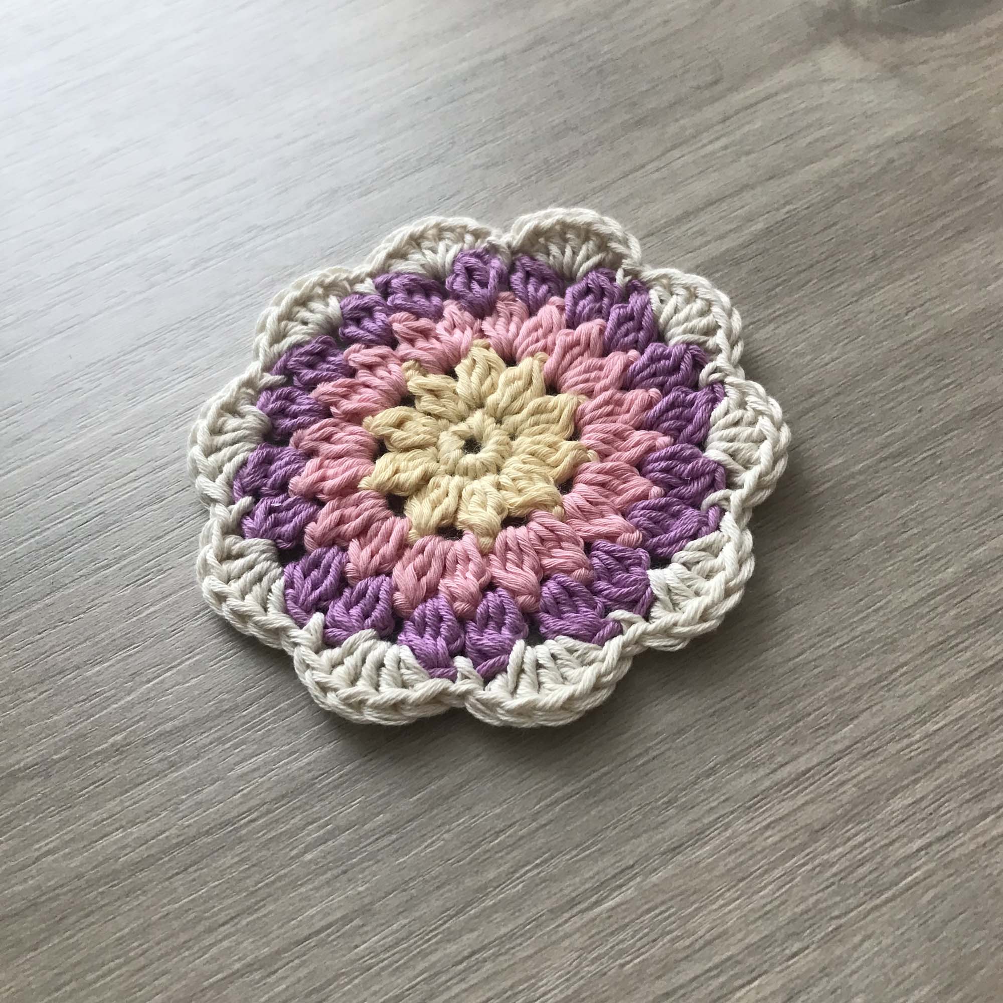 100% Organic Cotton Crochet Coaster - Yellow, Pink, Purple & Cream