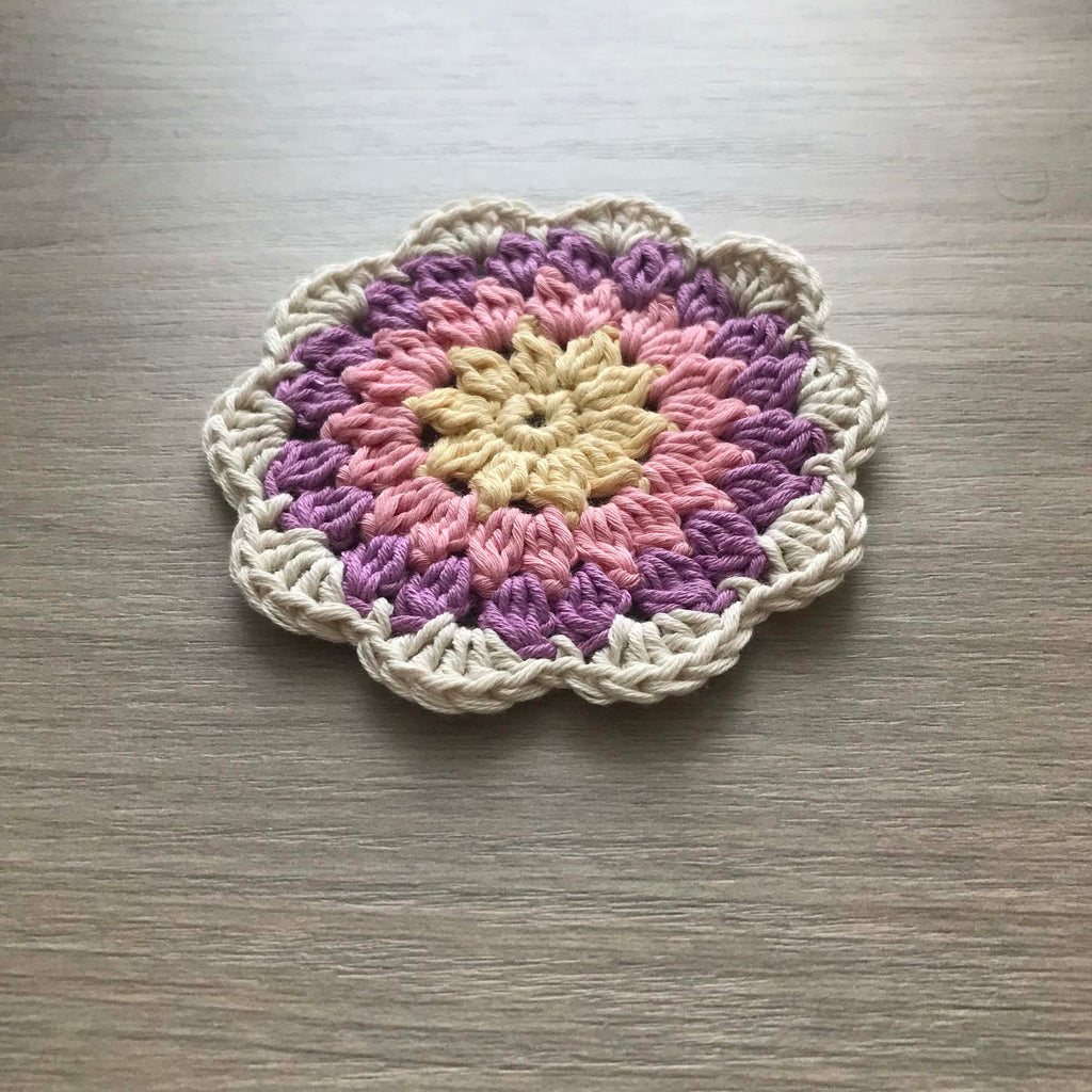 100% Organic Cotton Crochet Coaster - Yellow, Pink, Purple & Cream