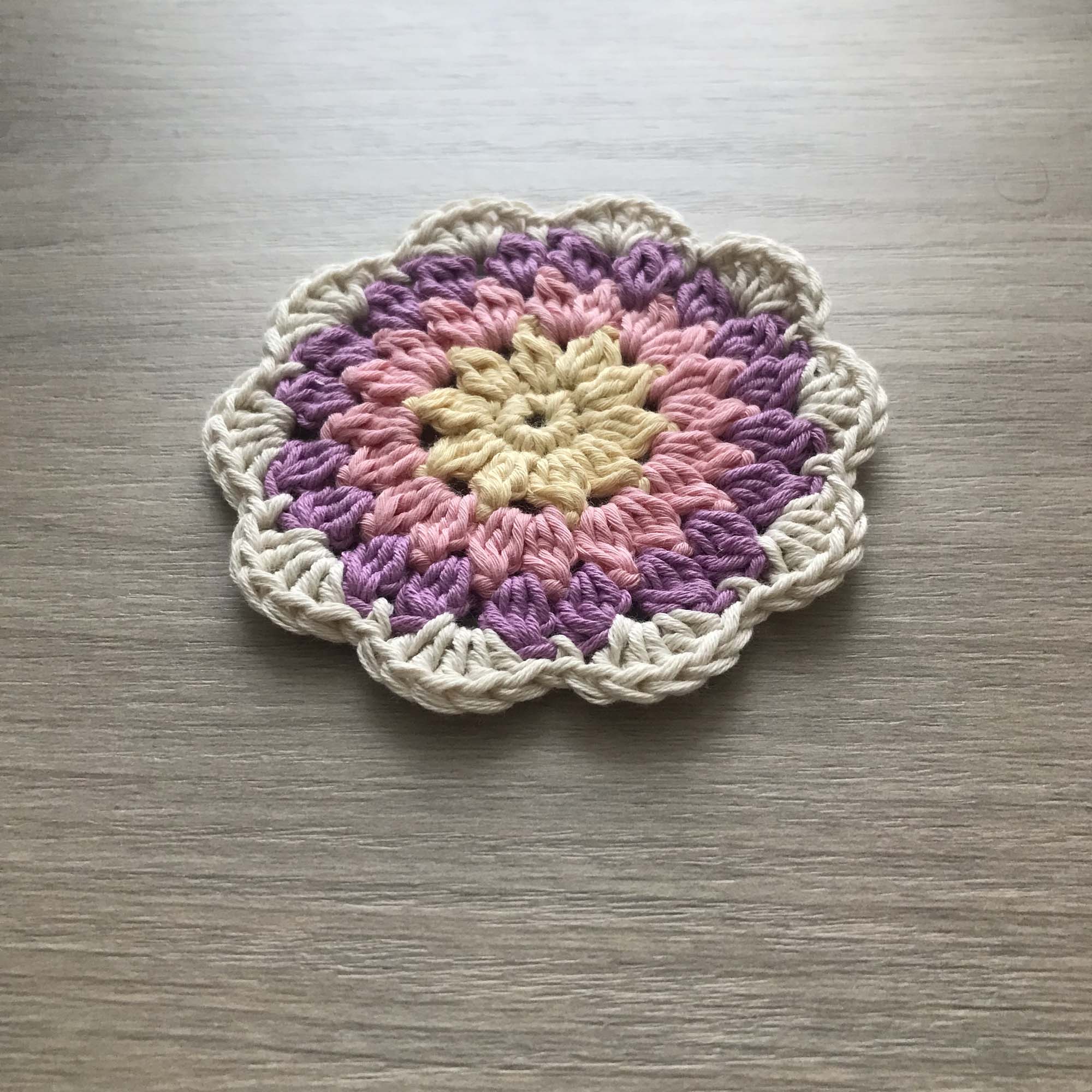 100% Organic Cotton Crochet Coaster - Yellow, Pink, Purple & Cream