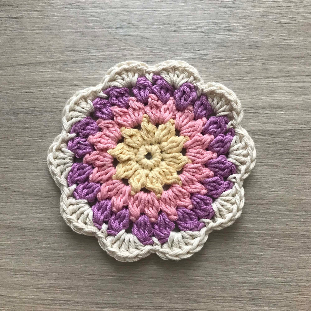 100% Organic Cotton Crochet Coaster - Yellow, Pink, Purple & Cream