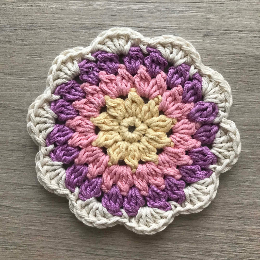 100% Organic Cotton Crochet Coaster - Yellow, Pink, Purple & Cream