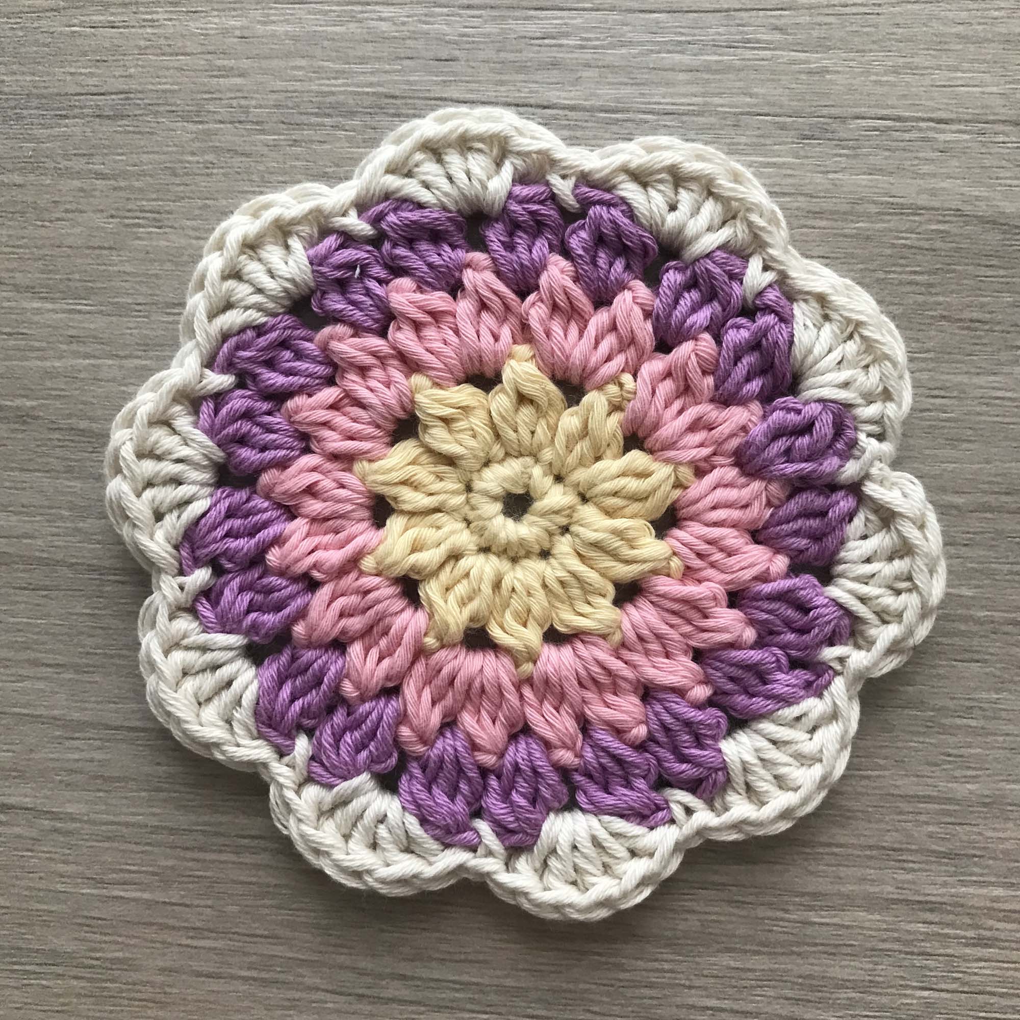 100% Organic Cotton Crochet Coaster - Yellow, Pink, Purple & Cream