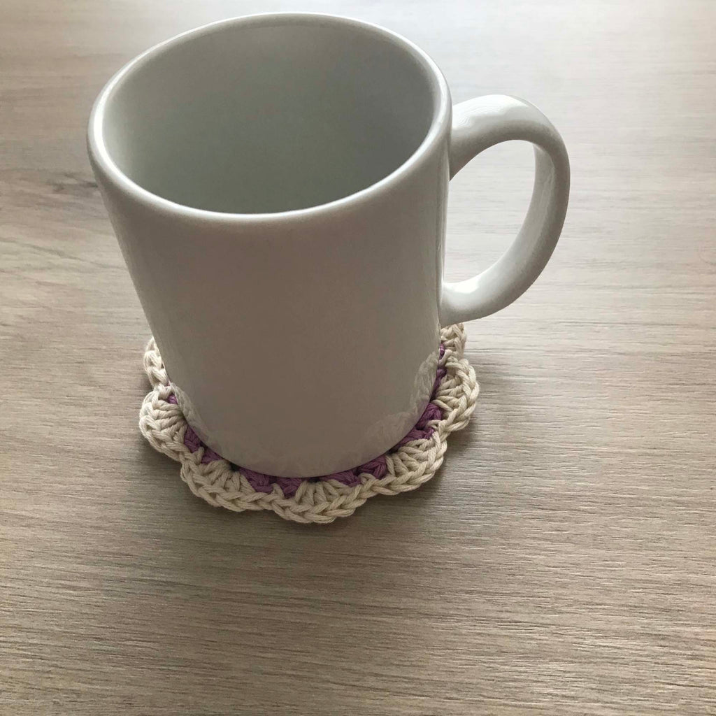 100% Organic Cotton Crochet Coaster - Yellow, Pink, Purple & Cream