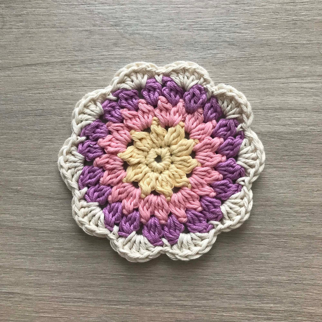 100% Organic Cotton Crochet Coaster - Yellow, Pink, Purple & Cream