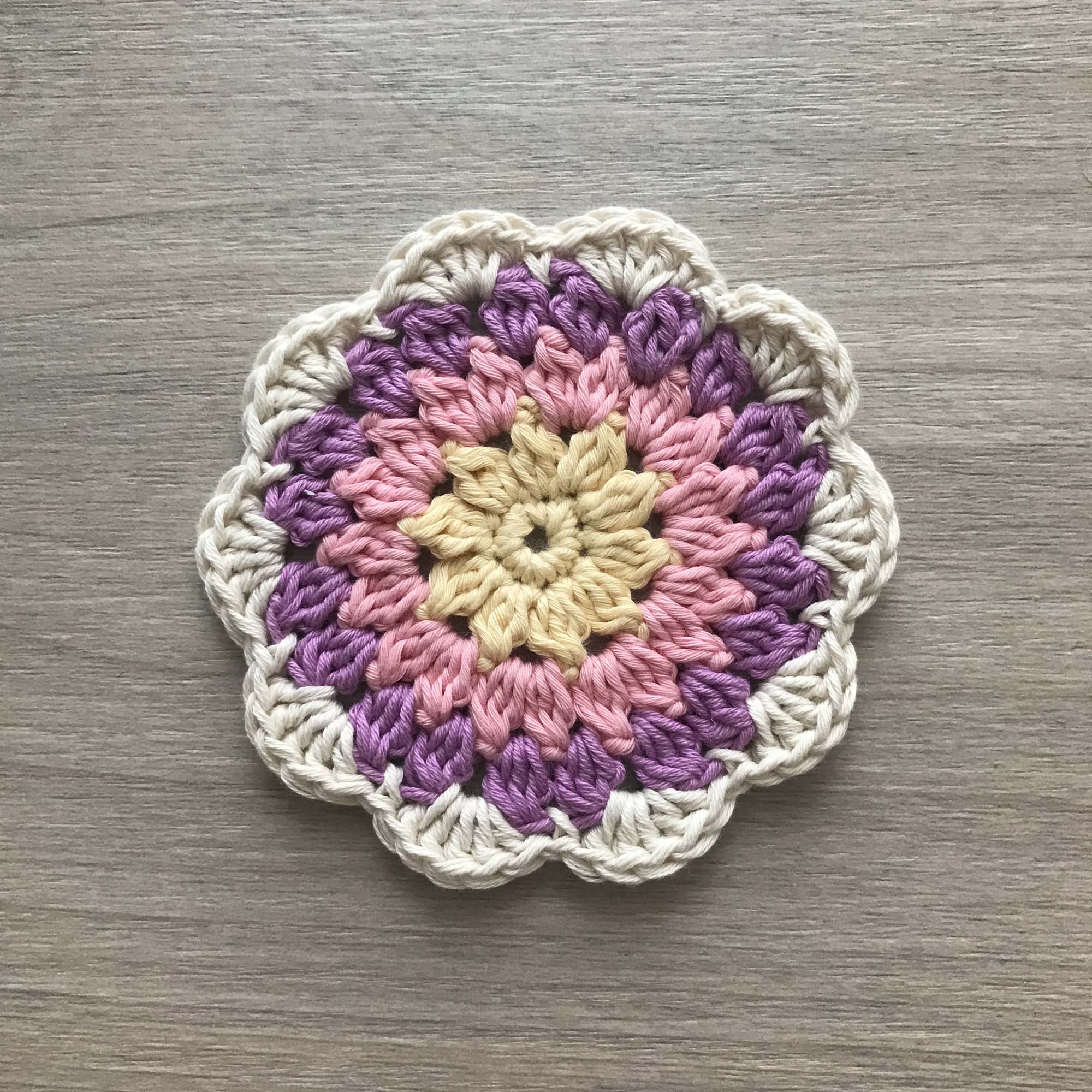100% Organic Cotton Crochet Coaster - Yellow, Pink, Purple & Cream