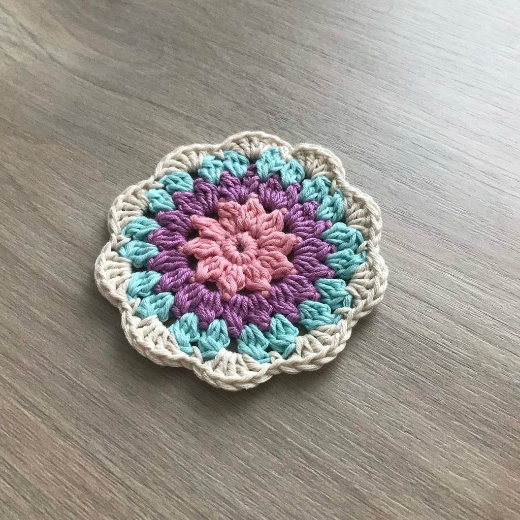 100% Organic Cotton Crochet Coaster - Pink, Purple, Blue & Cream