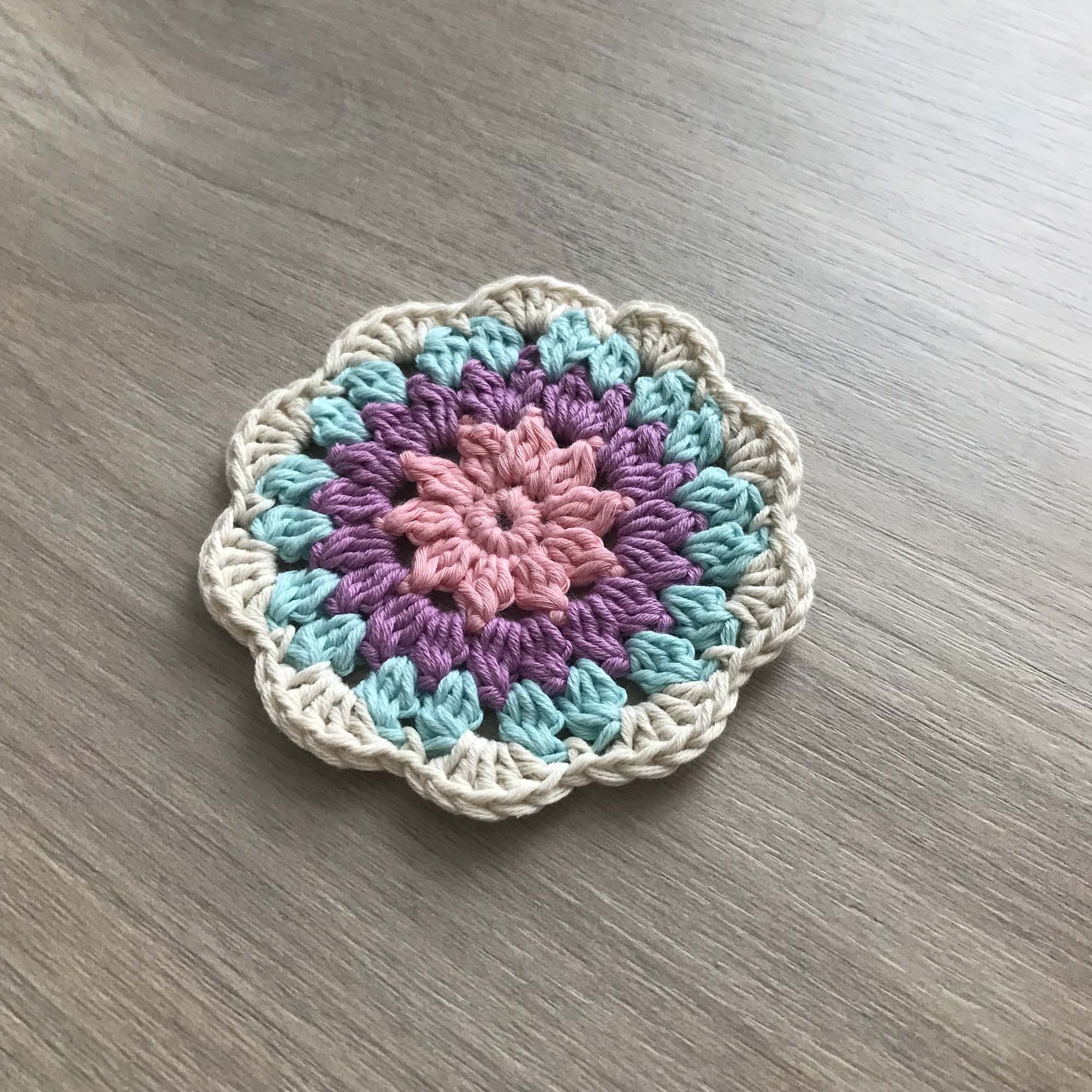 100% Organic Cotton Crochet Coaster - Pink, Purple, Blue & Cream