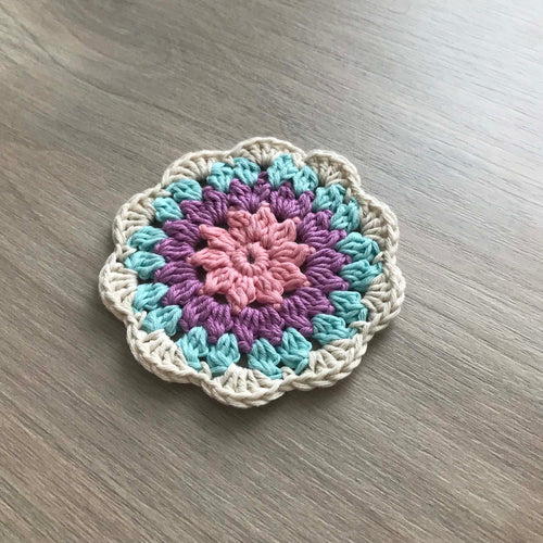 100% Organic Cotton Crochet Coaster - Pink, Purple, Blue & Cream