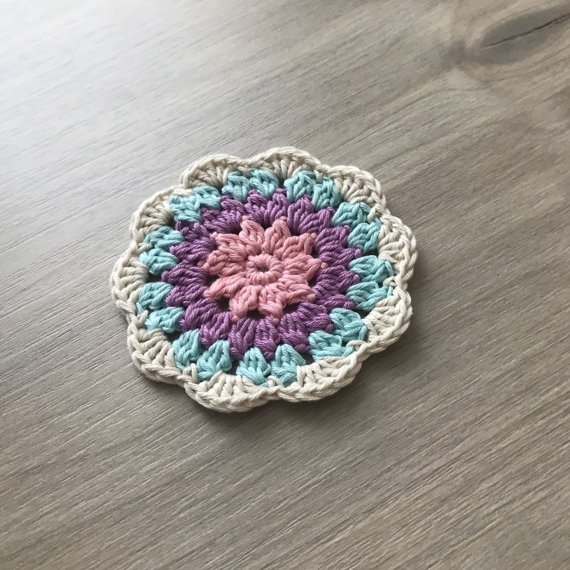 100% Organic Cotton Crochet Coaster - Pink, Purple, Blue & Cream