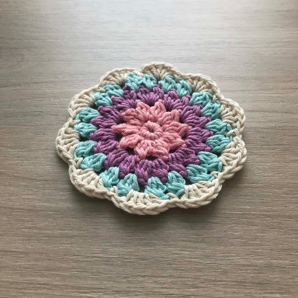 100% Organic Cotton Crochet Coaster - Pink, Purple, Blue & Cream
