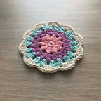 100% Organic Cotton Crochet Coaster - Pink, Purple, Blue & Cream