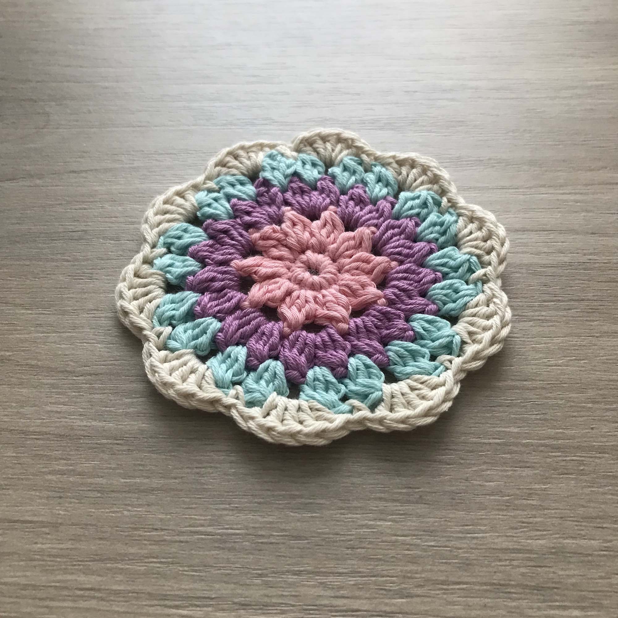 100% Organic Cotton Crochet Coaster - Pink, Purple, Blue & Cream