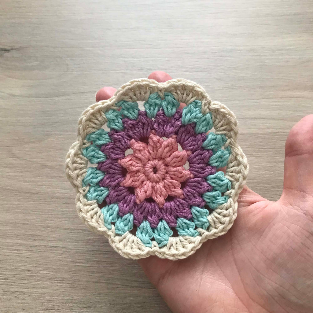 100% Organic Cotton Crochet Coaster - Pink, Purple, Blue & Cream