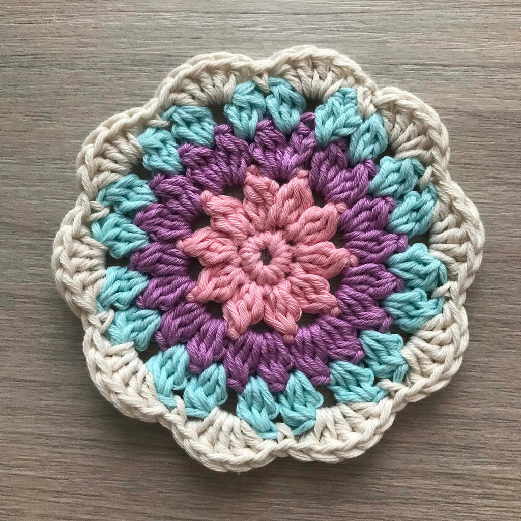 100% Organic Cotton Crochet Coaster - Pink, Purple, Blue & Cream