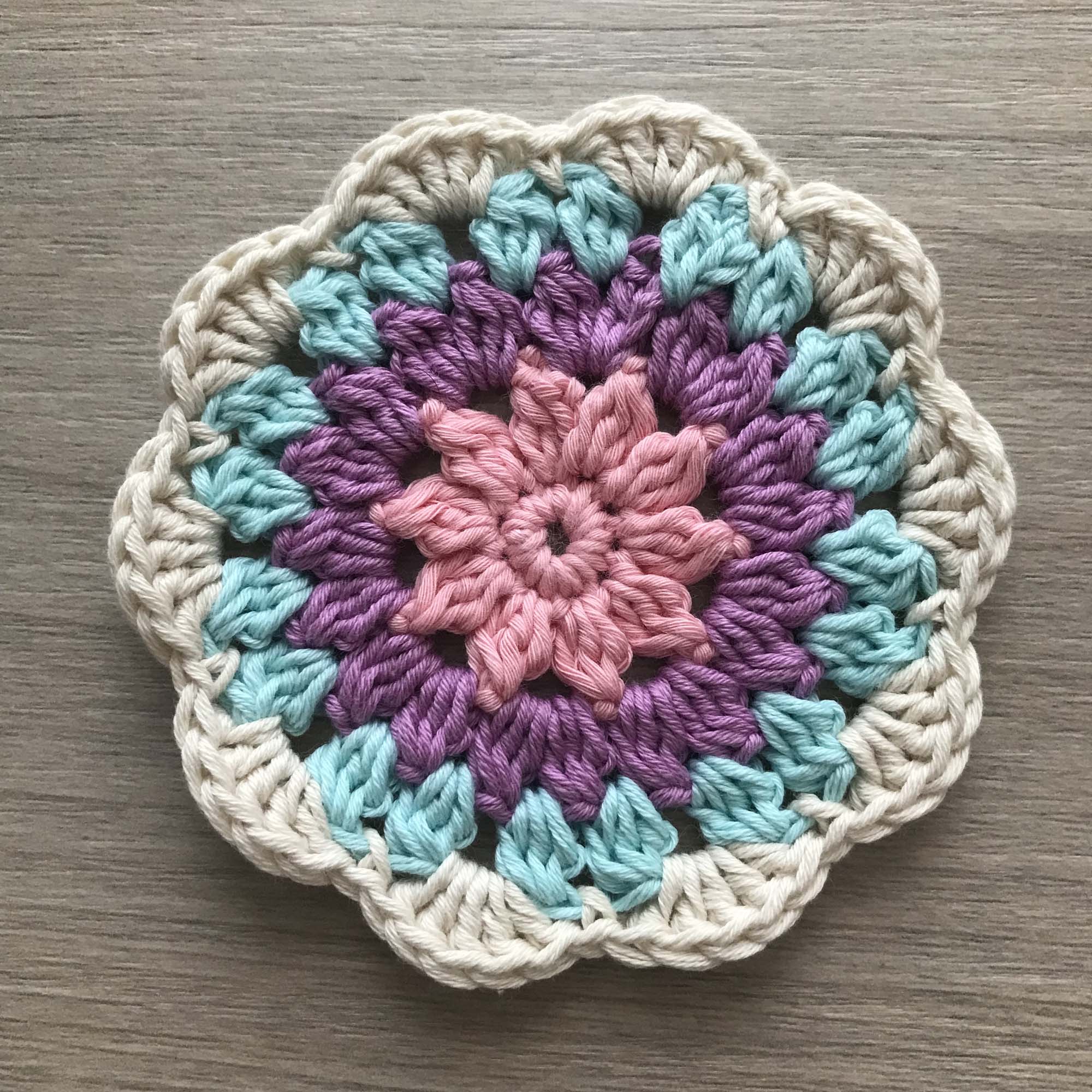 100% Organic Cotton Crochet Coaster - Pink, Purple, Blue & Cream