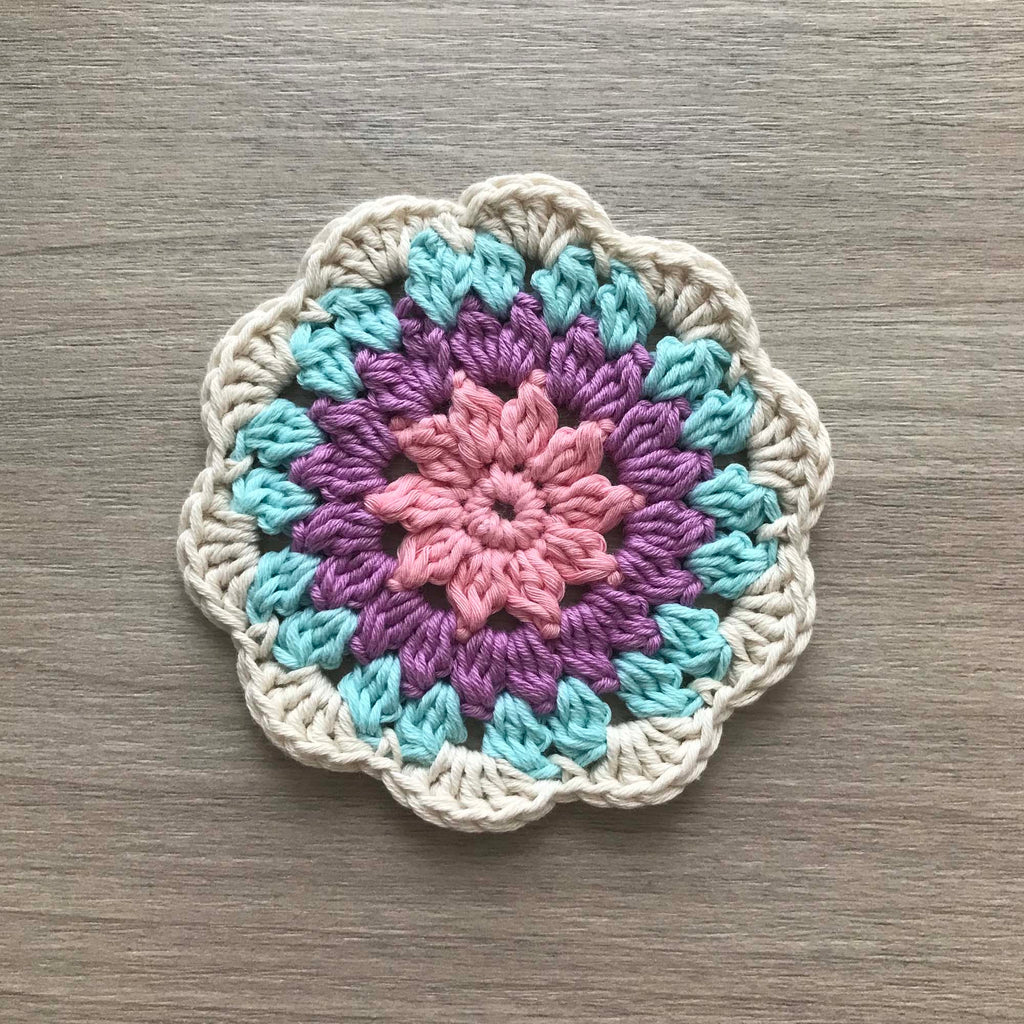 100% Organic Cotton Crochet Coaster - Pink, Purple, Blue & Cream