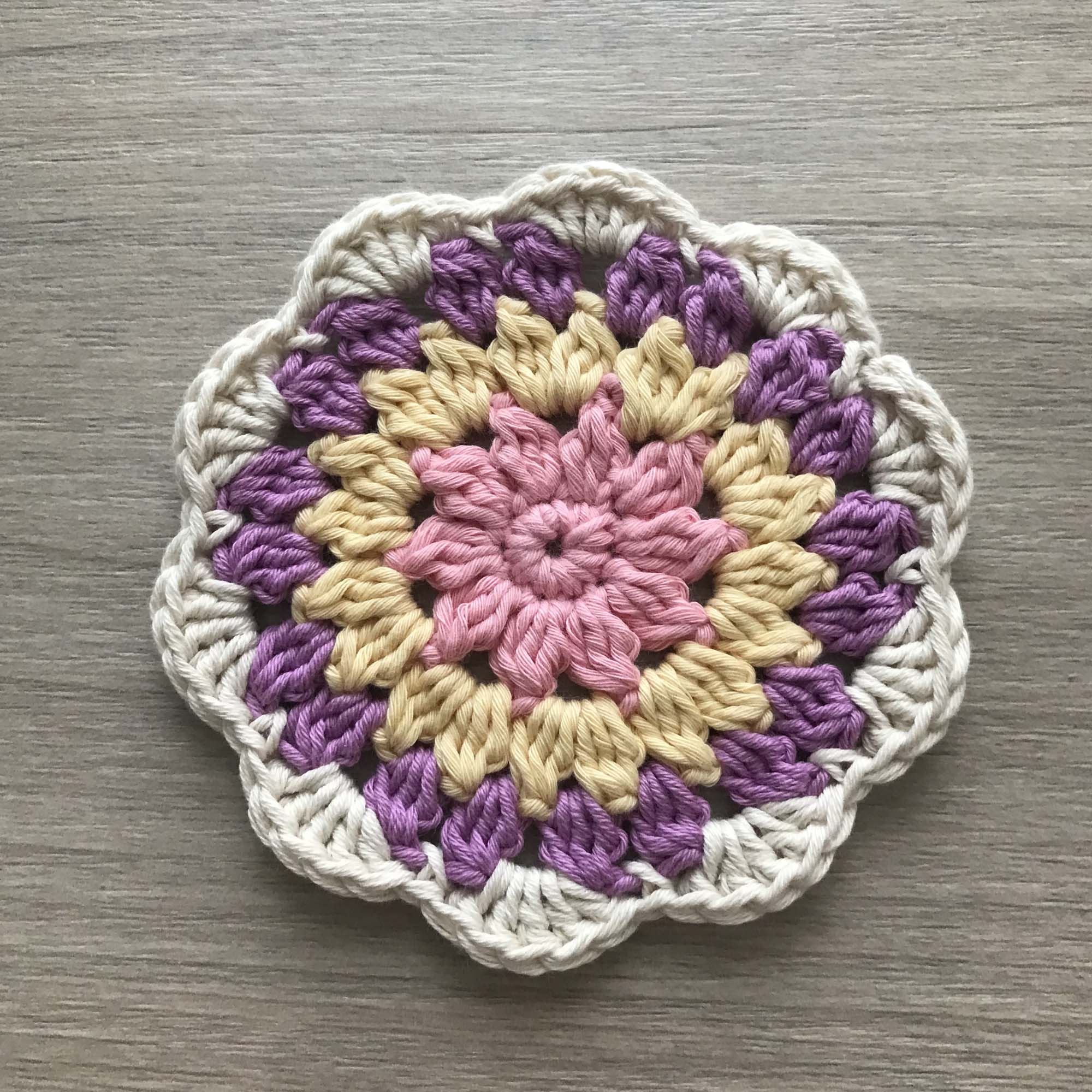 100% Organic Cotton Crochet Coaster - Pink, Yellow, Purple & Cream