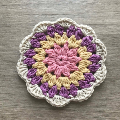 100% Organic Cotton Crochet Coaster - Pink, Yellow, Purple & Cream