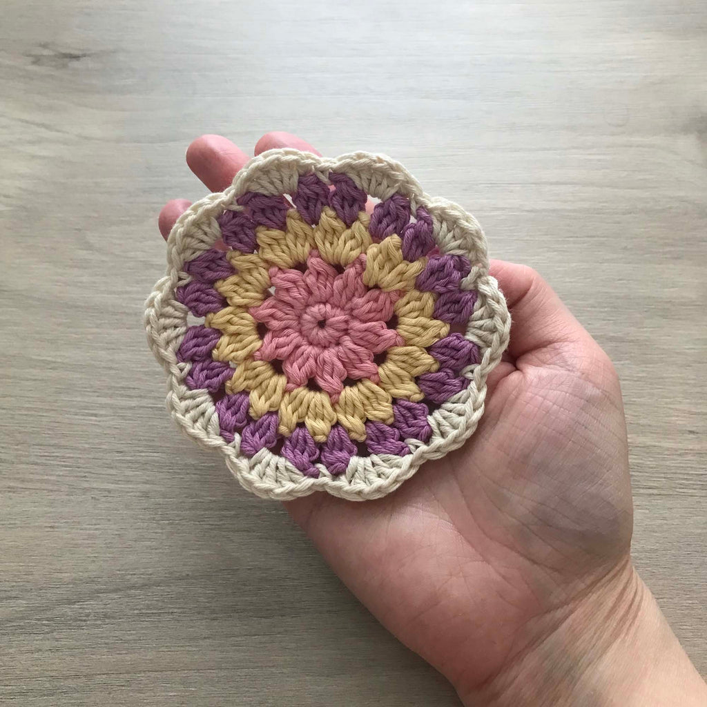 100% Organic Cotton Crochet Coaster - Pink, Yellow, Purple & Cream