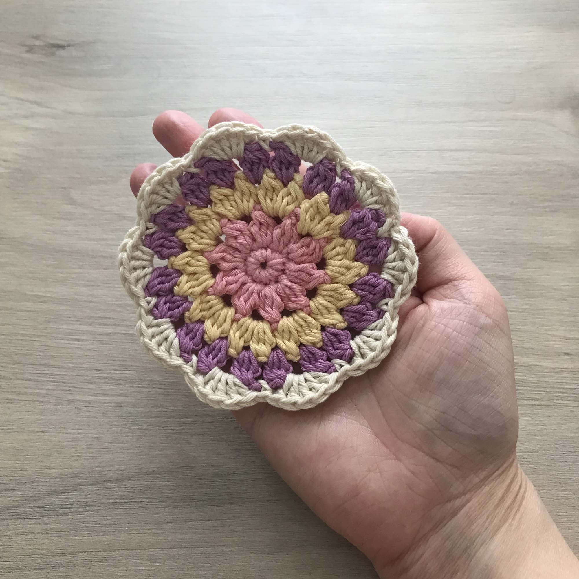 100% Organic Cotton Crochet Coaster - Pink, Yellow, Purple & Cream