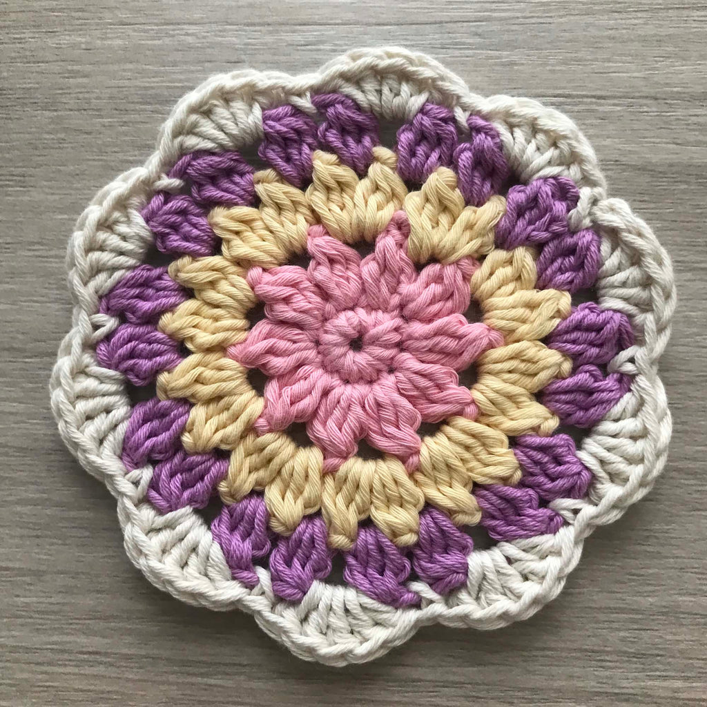100% Organic Cotton Crochet Coaster - Pink, Yellow, Purple & Cream
