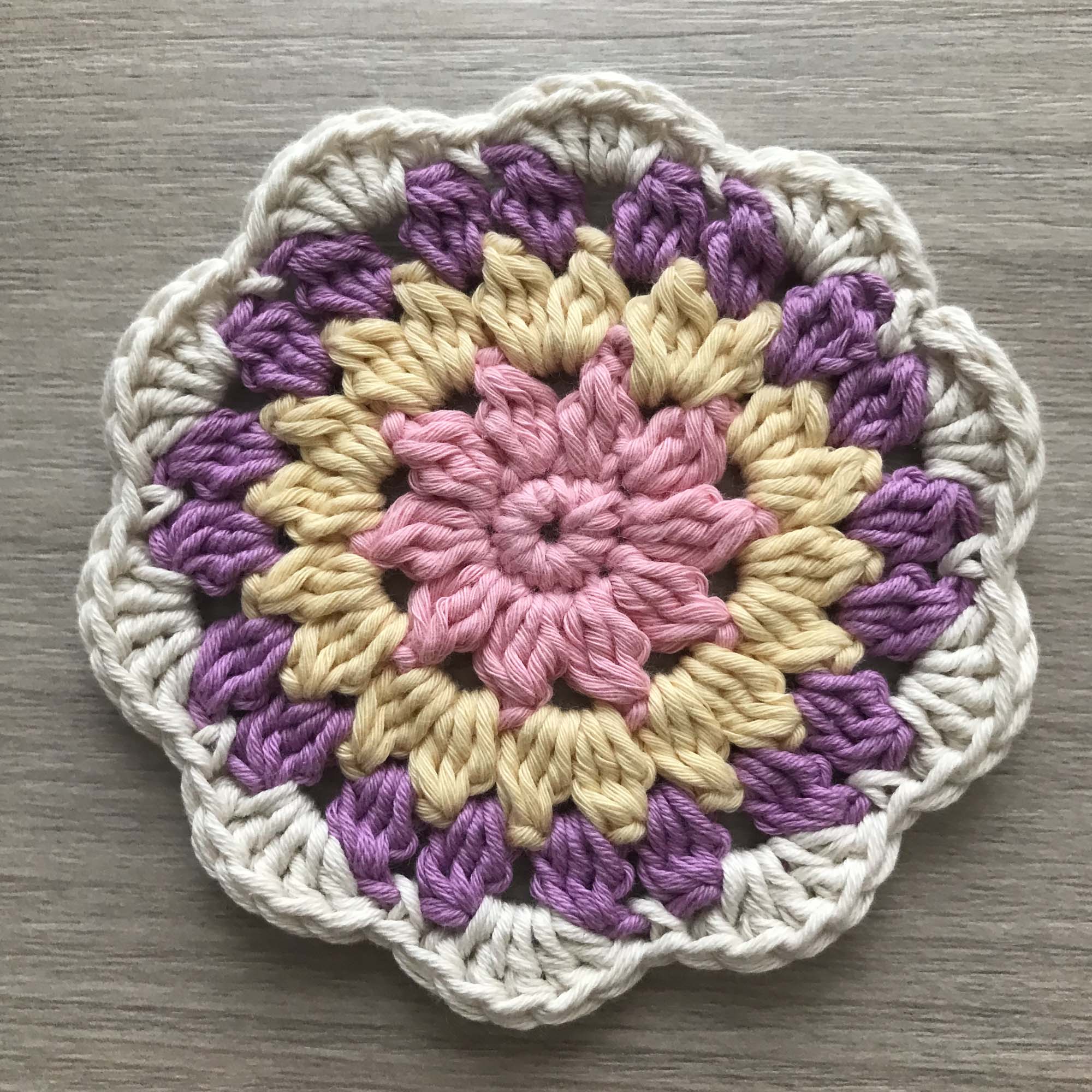 100% Organic Cotton Crochet Coaster - Pink, Yellow, Purple & Cream