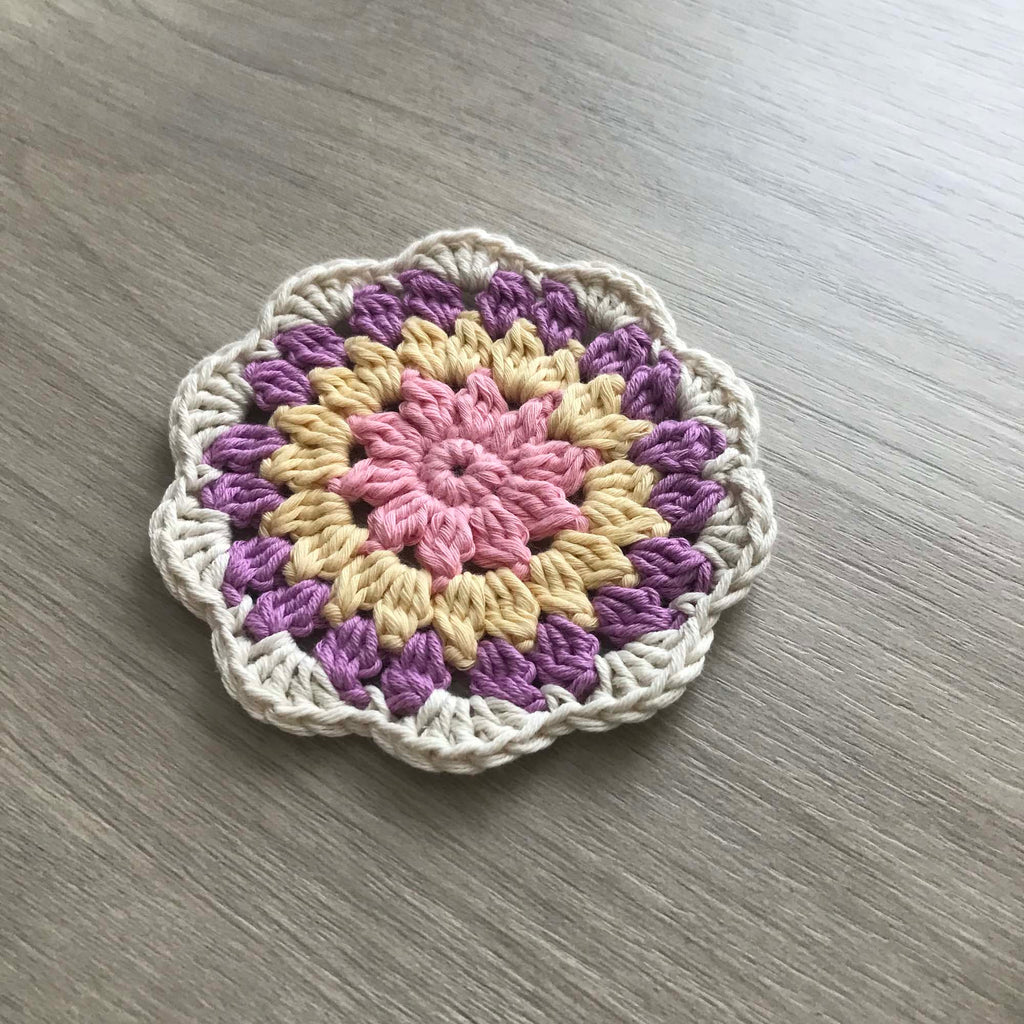 100% Organic Cotton Crochet Coaster - Pink, Yellow, Purple & Cream