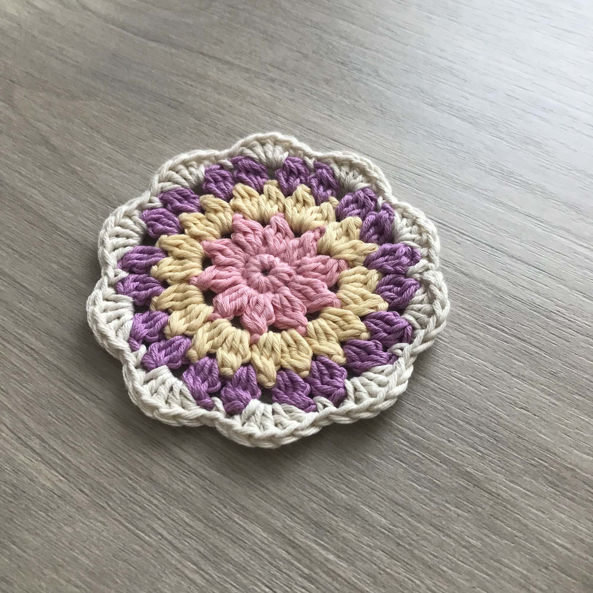 100% Organic Cotton Crochet Coaster - Pink, Yellow, Purple & Cream