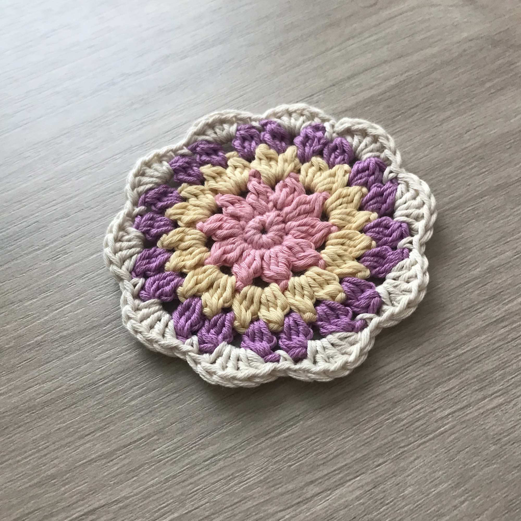 100% Organic Cotton Crochet Coaster - Pink, Yellow, Purple & Cream