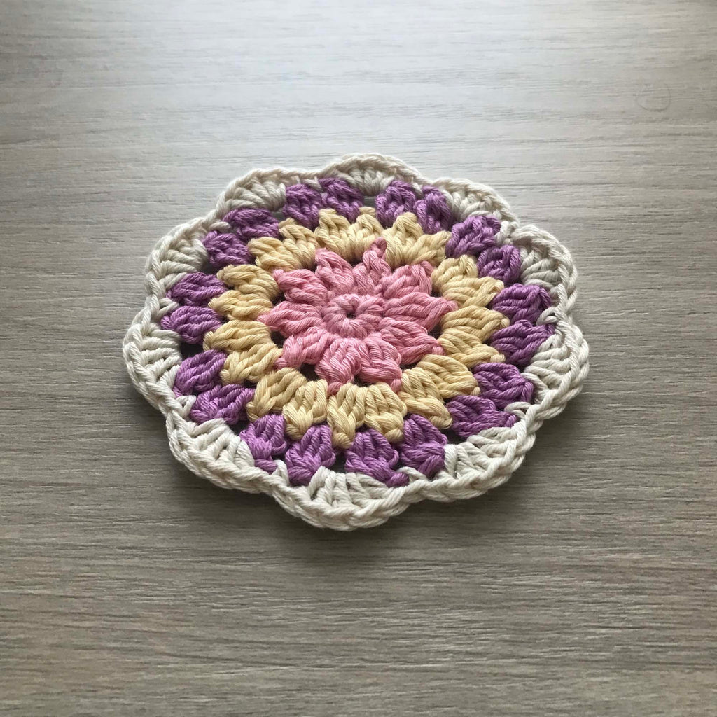 100% Organic Cotton Crochet Coaster - Pink, Yellow, Purple & Cream