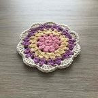 100% Organic Cotton Crochet Coaster - Pink, Yellow, Purple & Cream