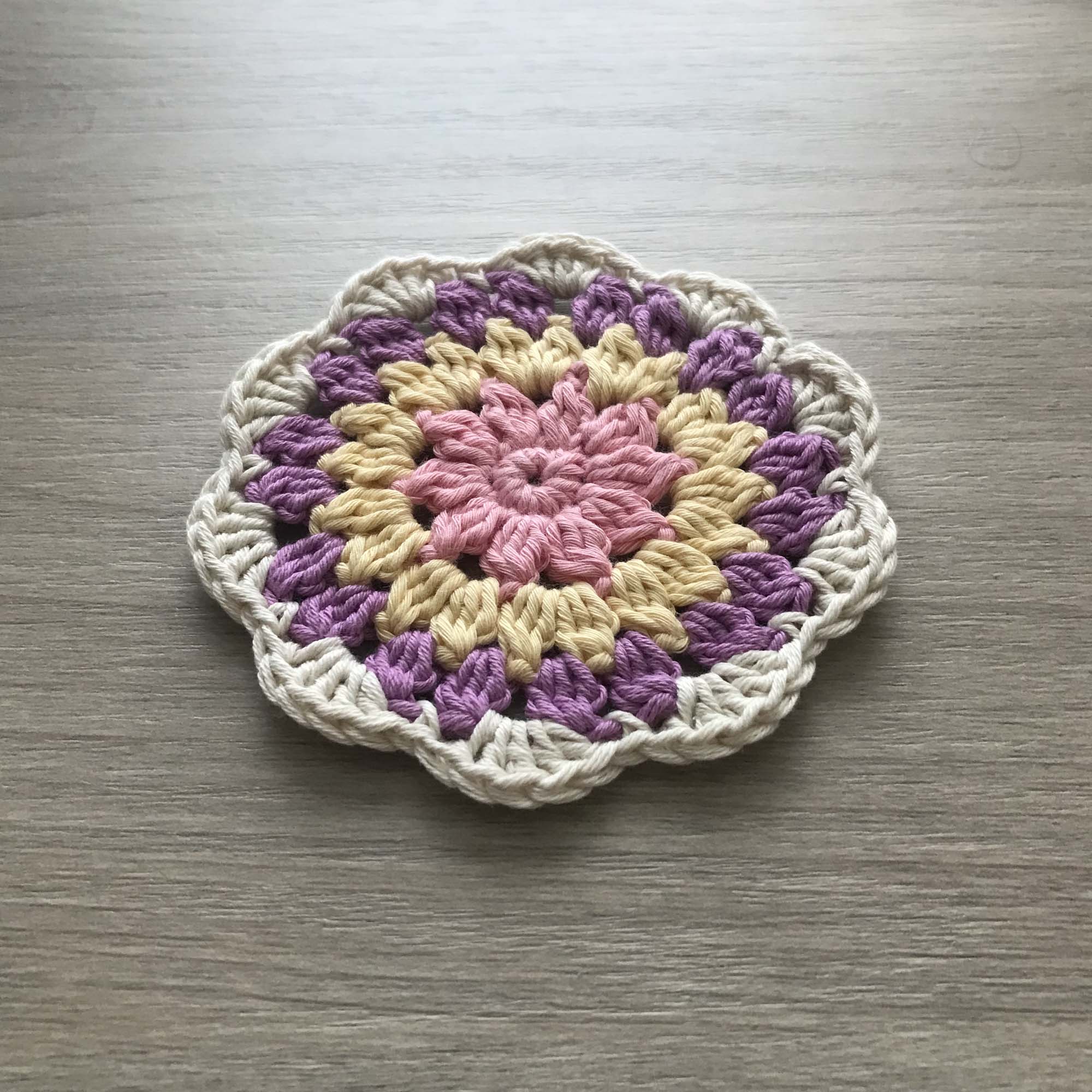 100% Organic Cotton Crochet Coaster - Pink, Yellow, Purple & Cream