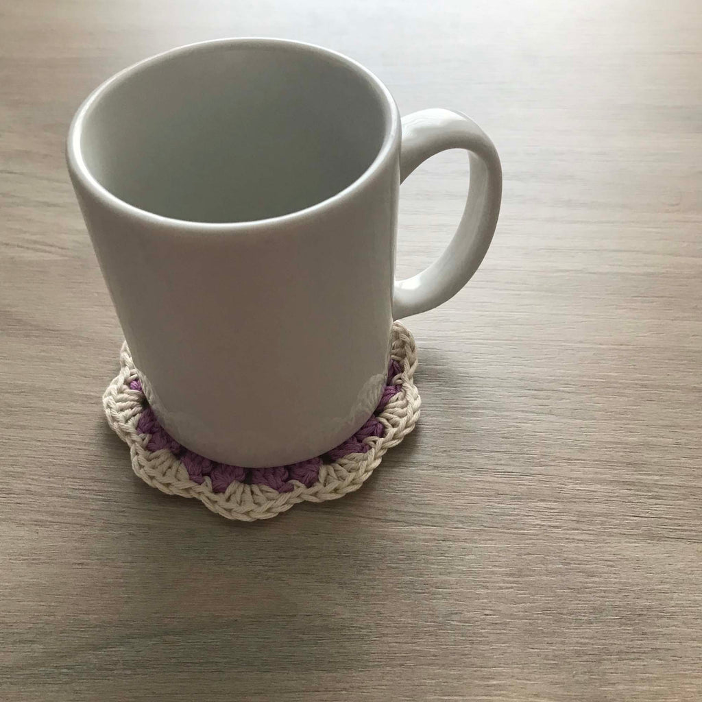 100% Organic Cotton Crochet Coaster - Pink, Yellow, Purple & Cream