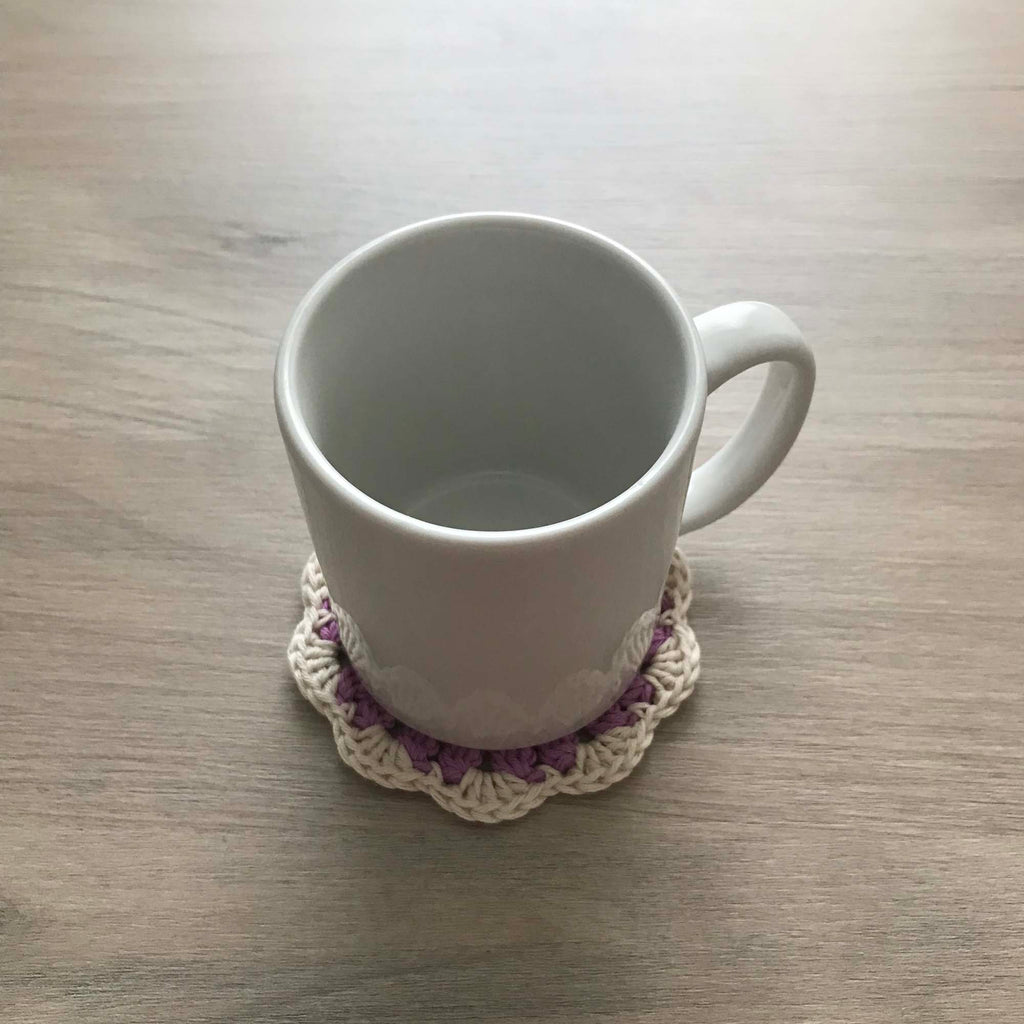 100% Organic Cotton Crochet Coaster - Pink, Yellow, Purple & Cream