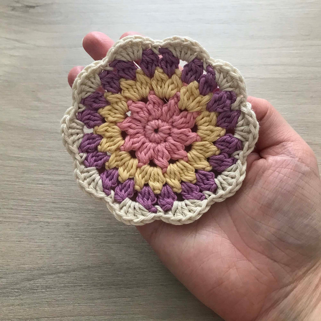 100% Organic Cotton Crochet Coaster - Pink, Yellow, Purple & Cream