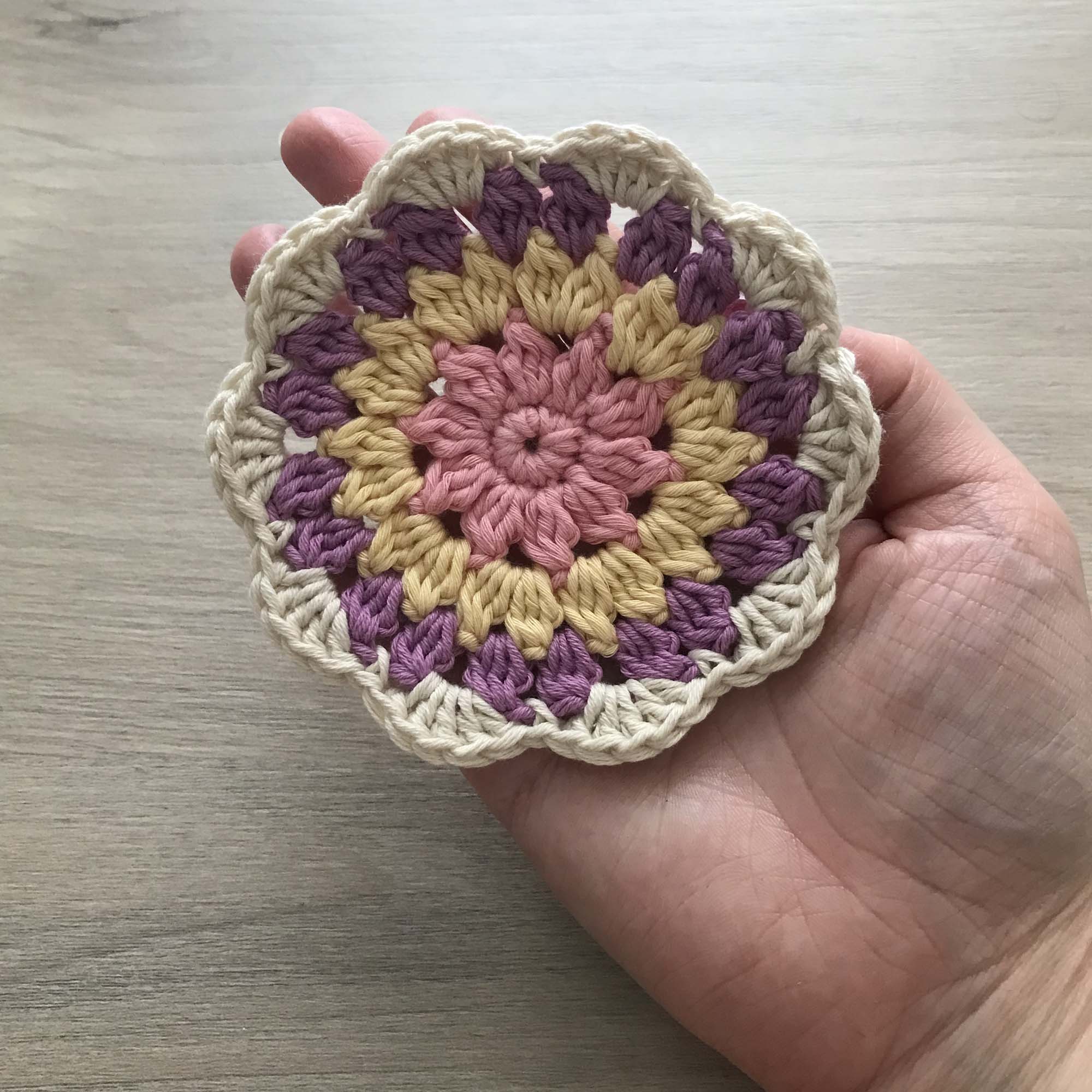 100% Organic Cotton Crochet Coaster - Pink, Yellow, Purple & Cream