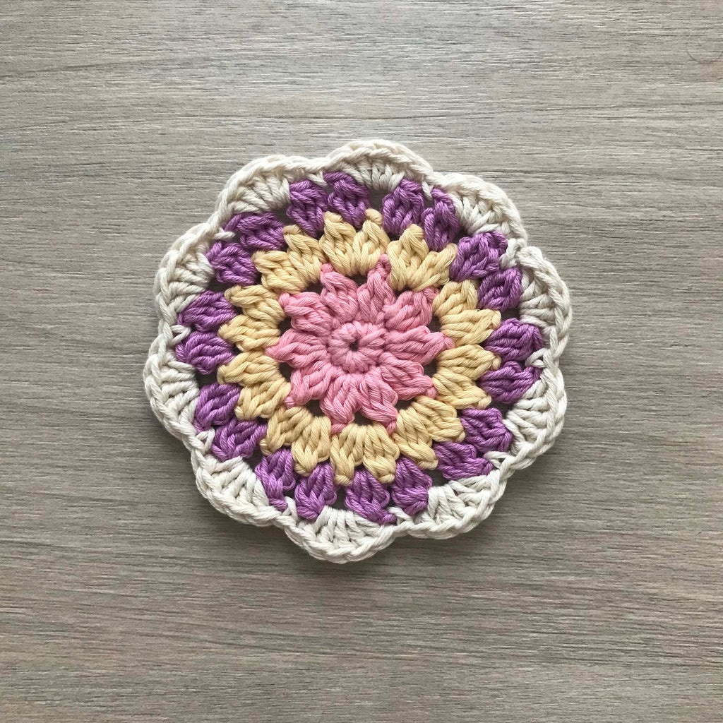100% Organic Cotton Crochet Coaster - Pink, Yellow, Purple & Cream