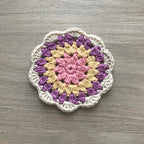 100% Organic Cotton Crochet Coaster - Pink, Yellow, Purple & Cream