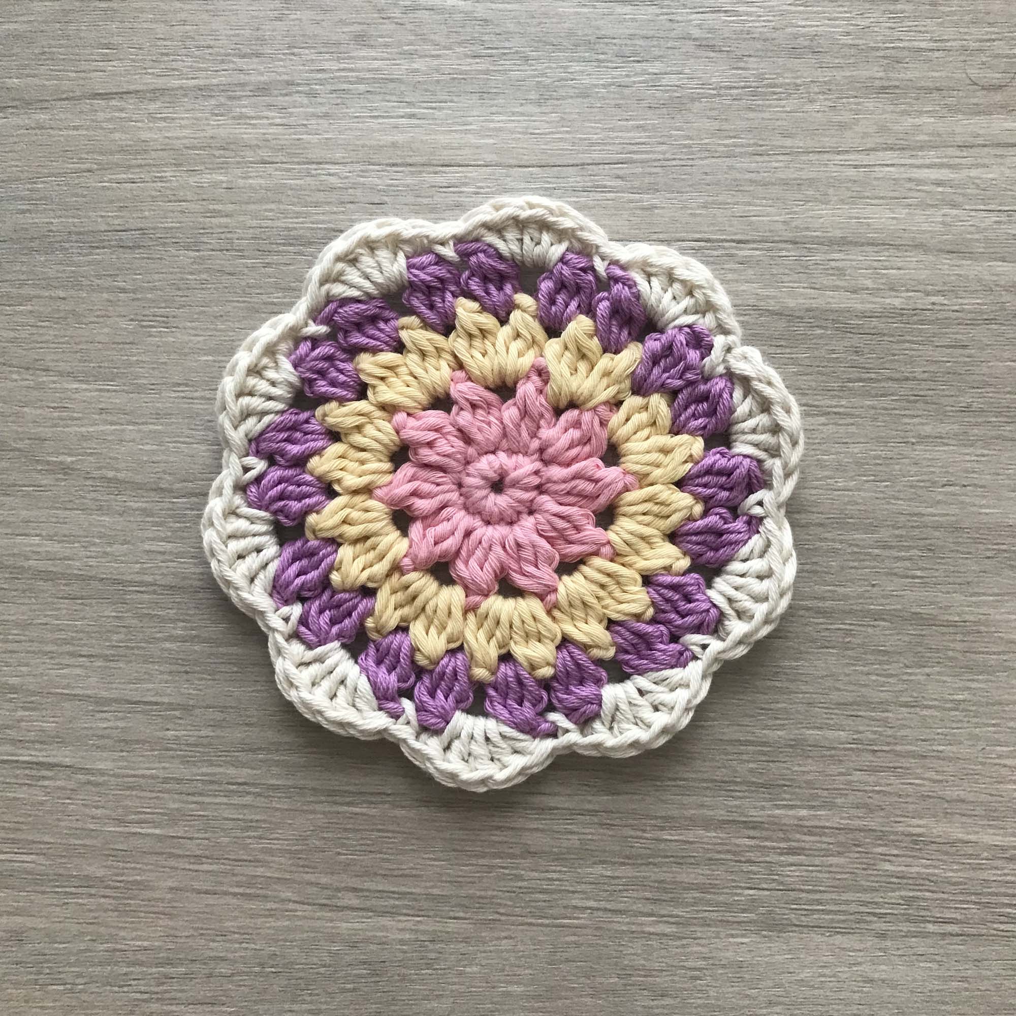 100% Organic Cotton Crochet Coaster - Pink, Yellow, Purple & Cream