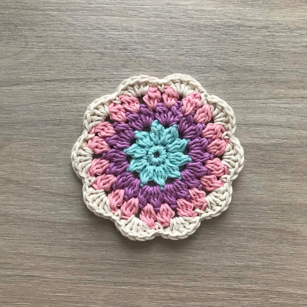 100% Organic Cotton Crochet Coaster - Blue, Purple, Pink & Cream