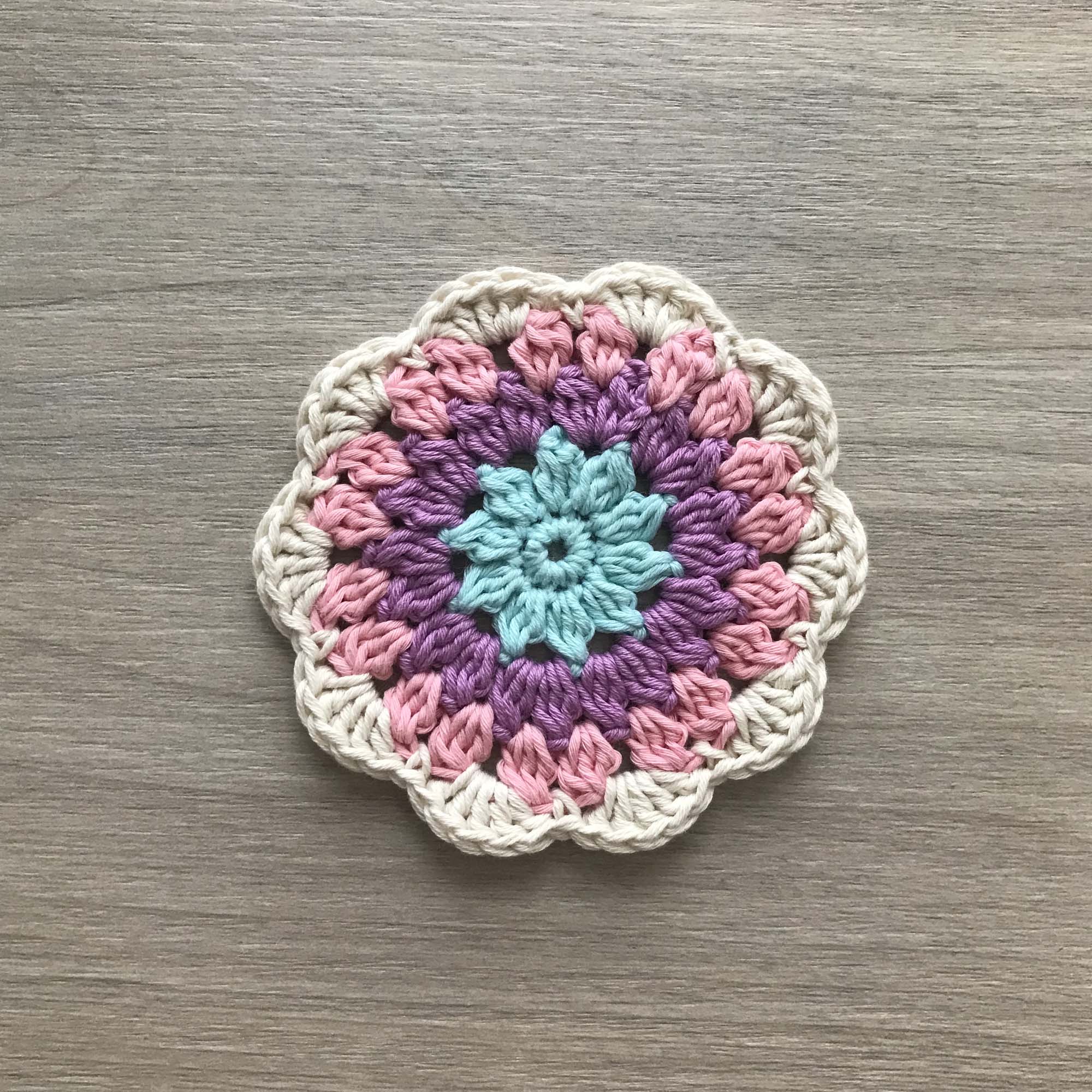 100% Organic Cotton Crochet Coaster - Blue, Purple, Pink & Cream