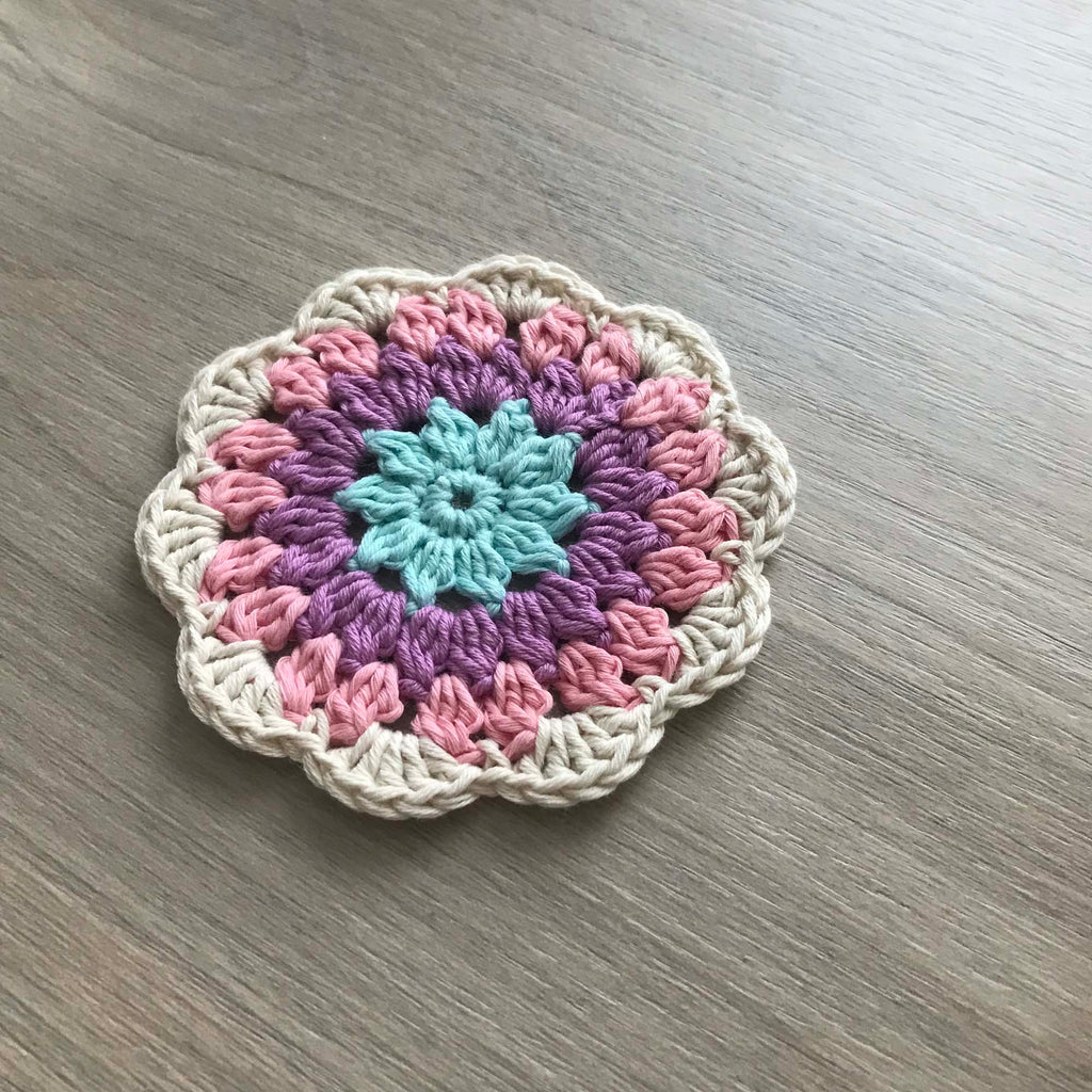 100% Organic Cotton Crochet Coaster - Blue, Purple, Pink & Cream