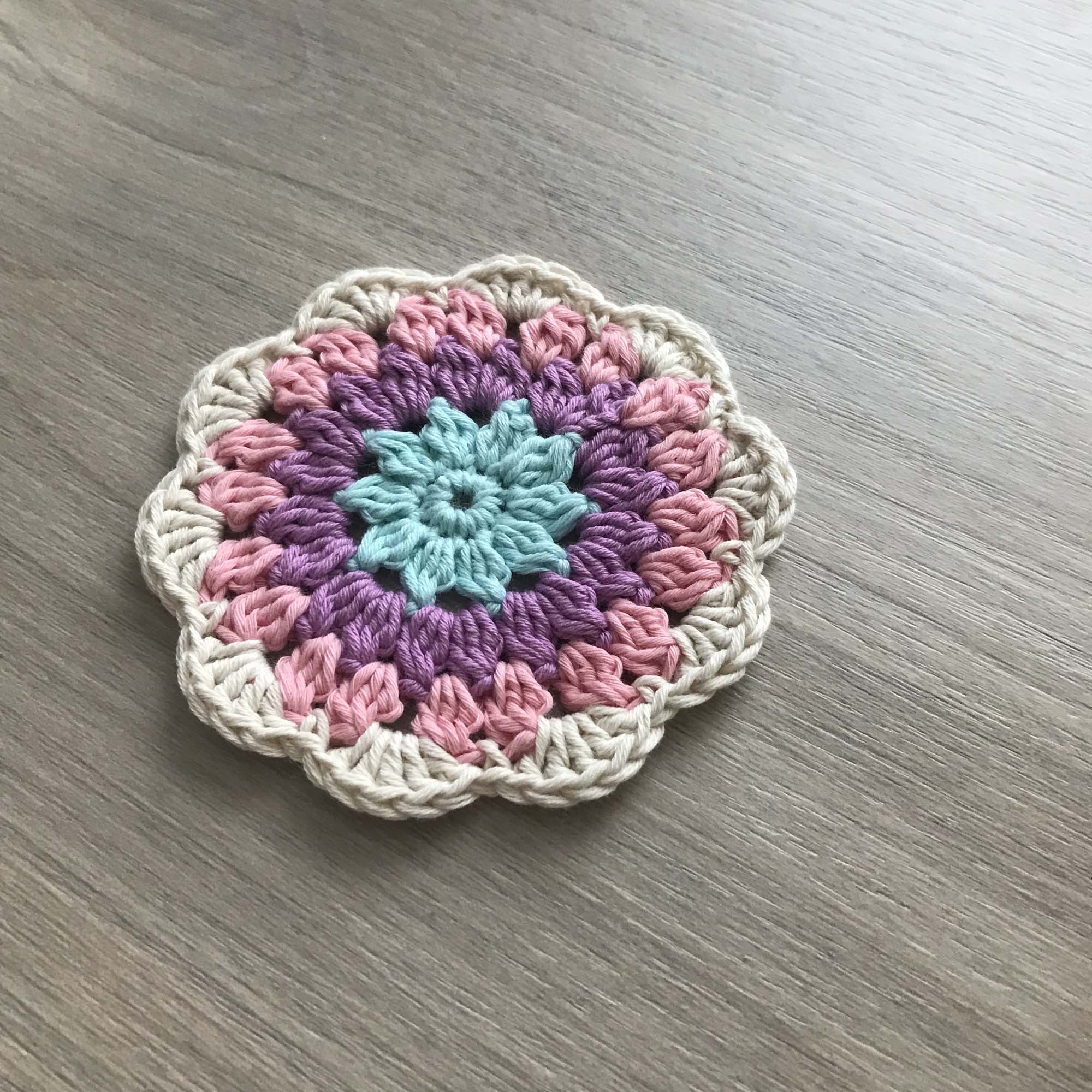 100% Organic Cotton Crochet Coaster - Blue, Purple, Pink & Cream