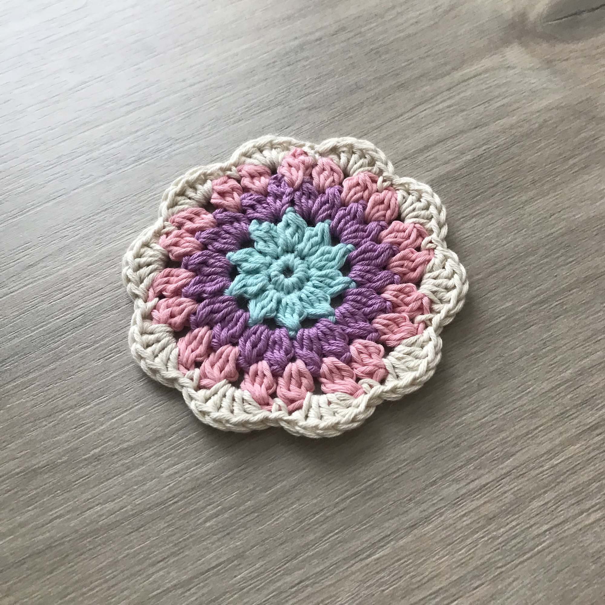 100% Organic Cotton Crochet Coaster - Blue, Purple, Pink & Cream