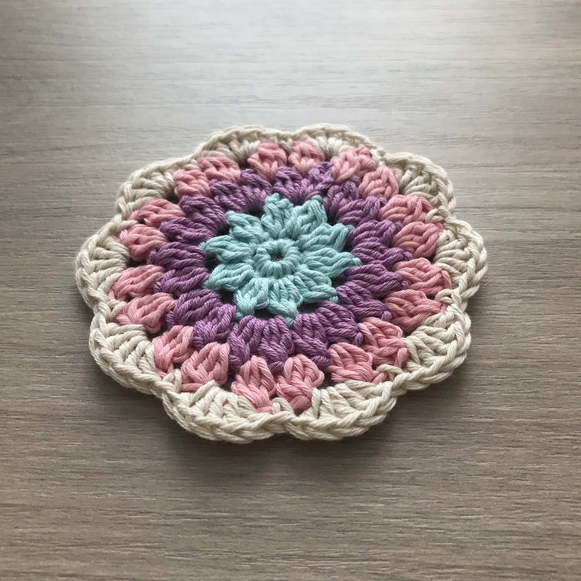 100% Organic Cotton Crochet Coaster - Blue, Purple, Pink & Cream