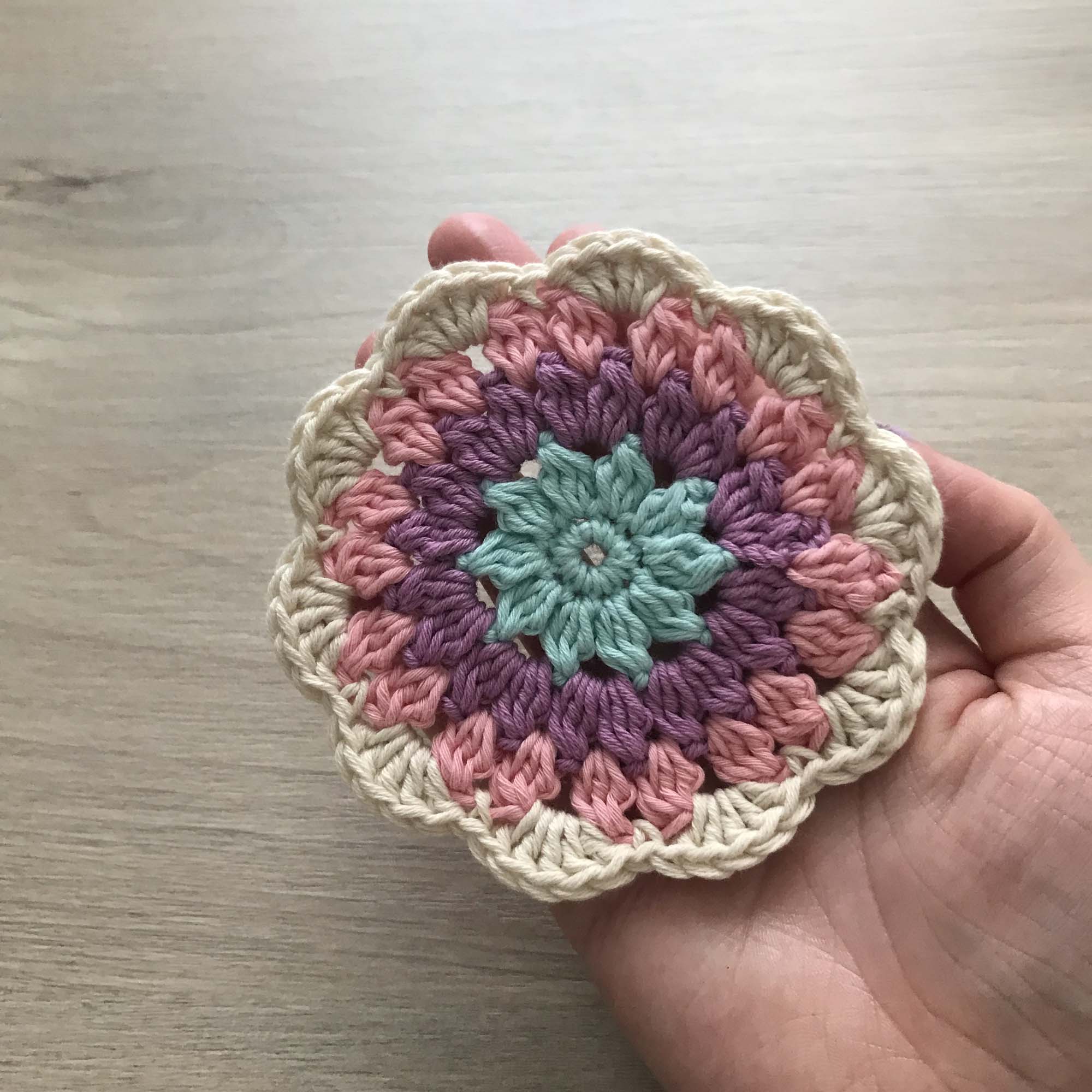 100% Organic Cotton Crochet Coaster - Blue, Purple, Pink & Cream