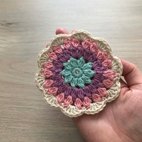 100% Organic Cotton Crochet Coaster - Blue, Purple, Pink & Cream