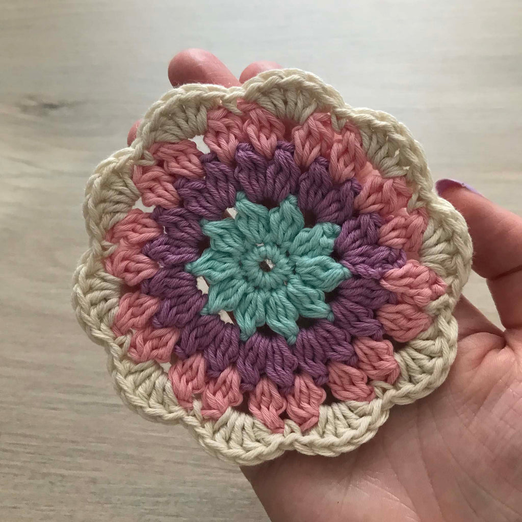 100% Organic Cotton Crochet Coaster - Blue, Purple, Pink & Cream