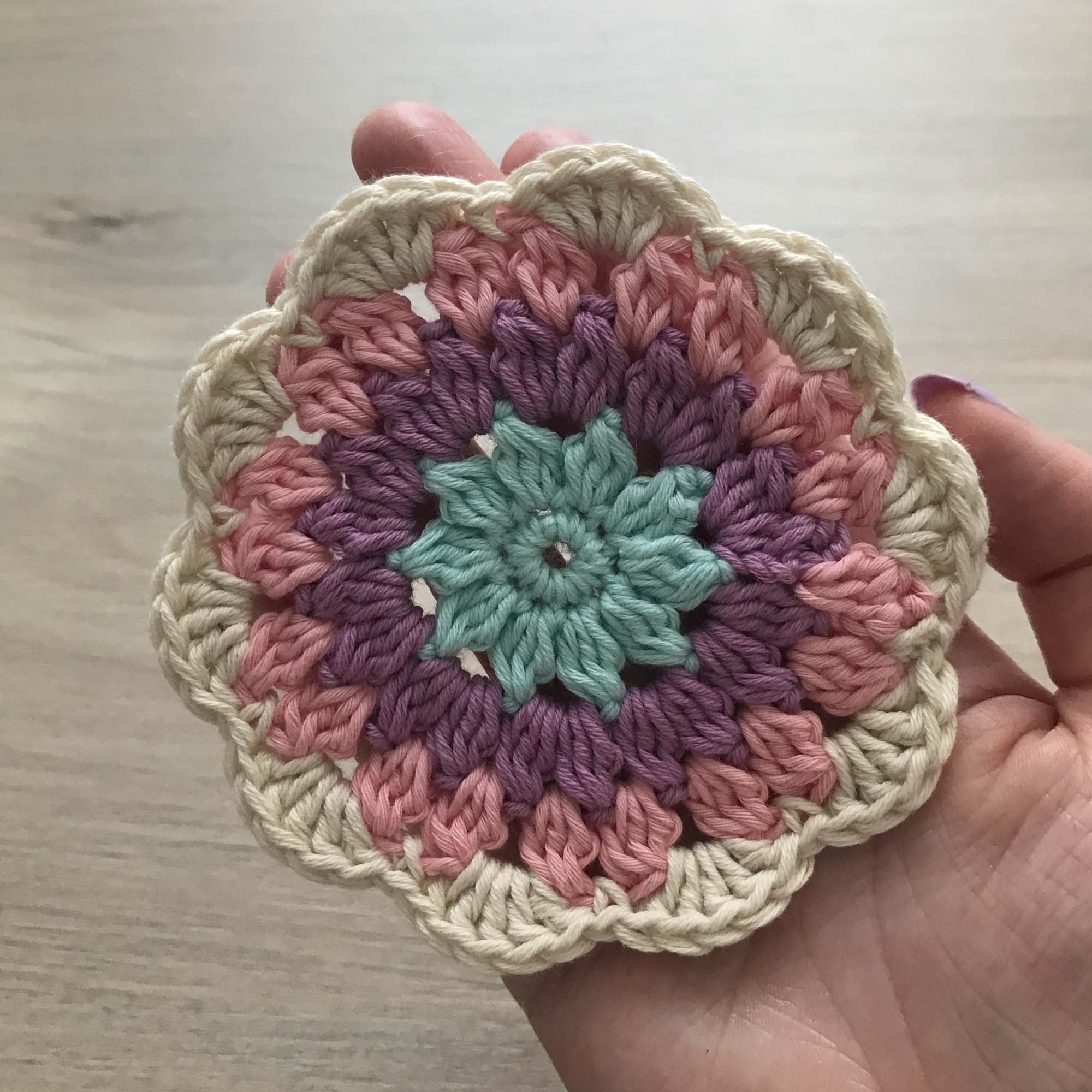 100% Organic Cotton Crochet Coaster - Blue, Purple, Pink & Cream