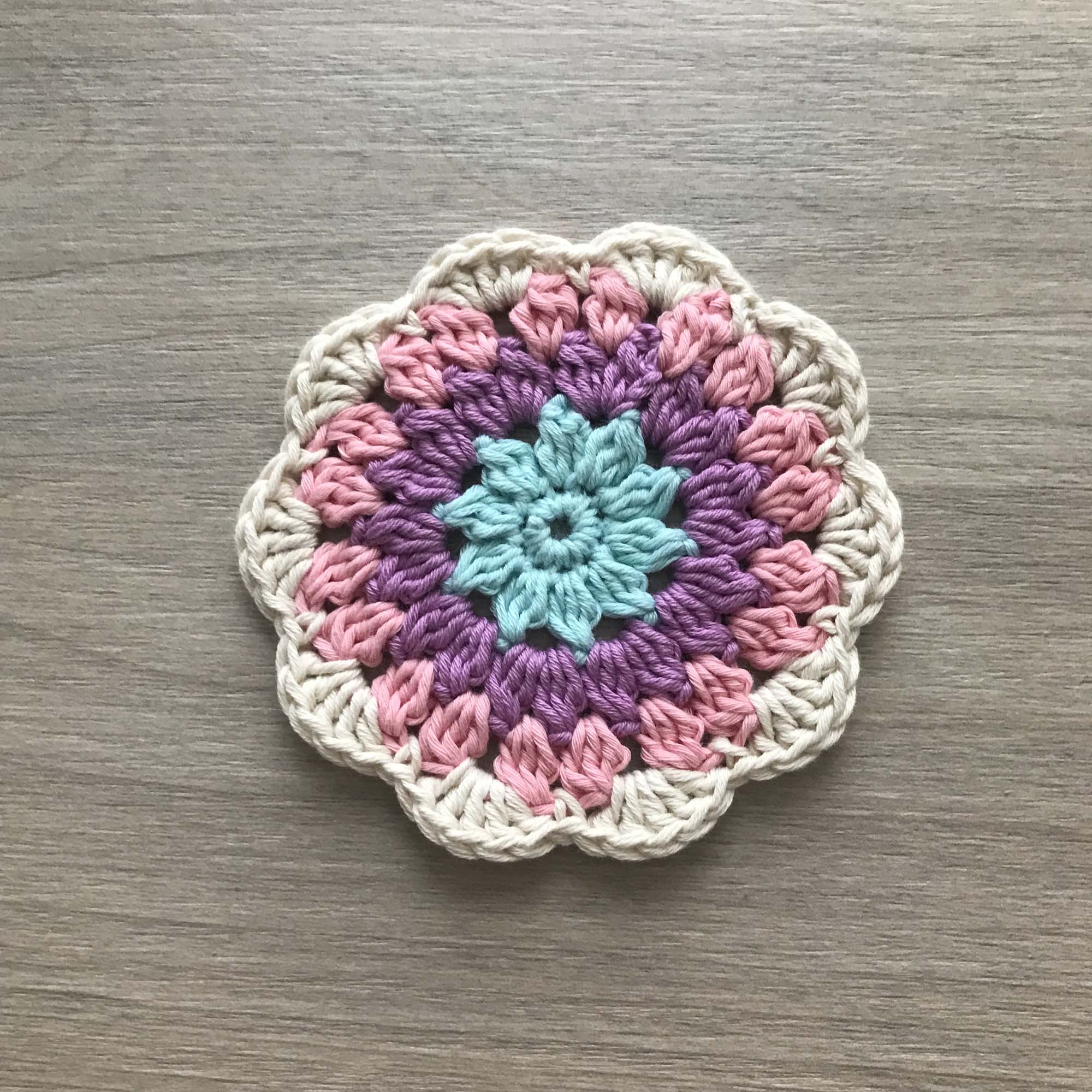 100% Organic Cotton Crochet Coaster - Blue, Purple, Pink & Cream